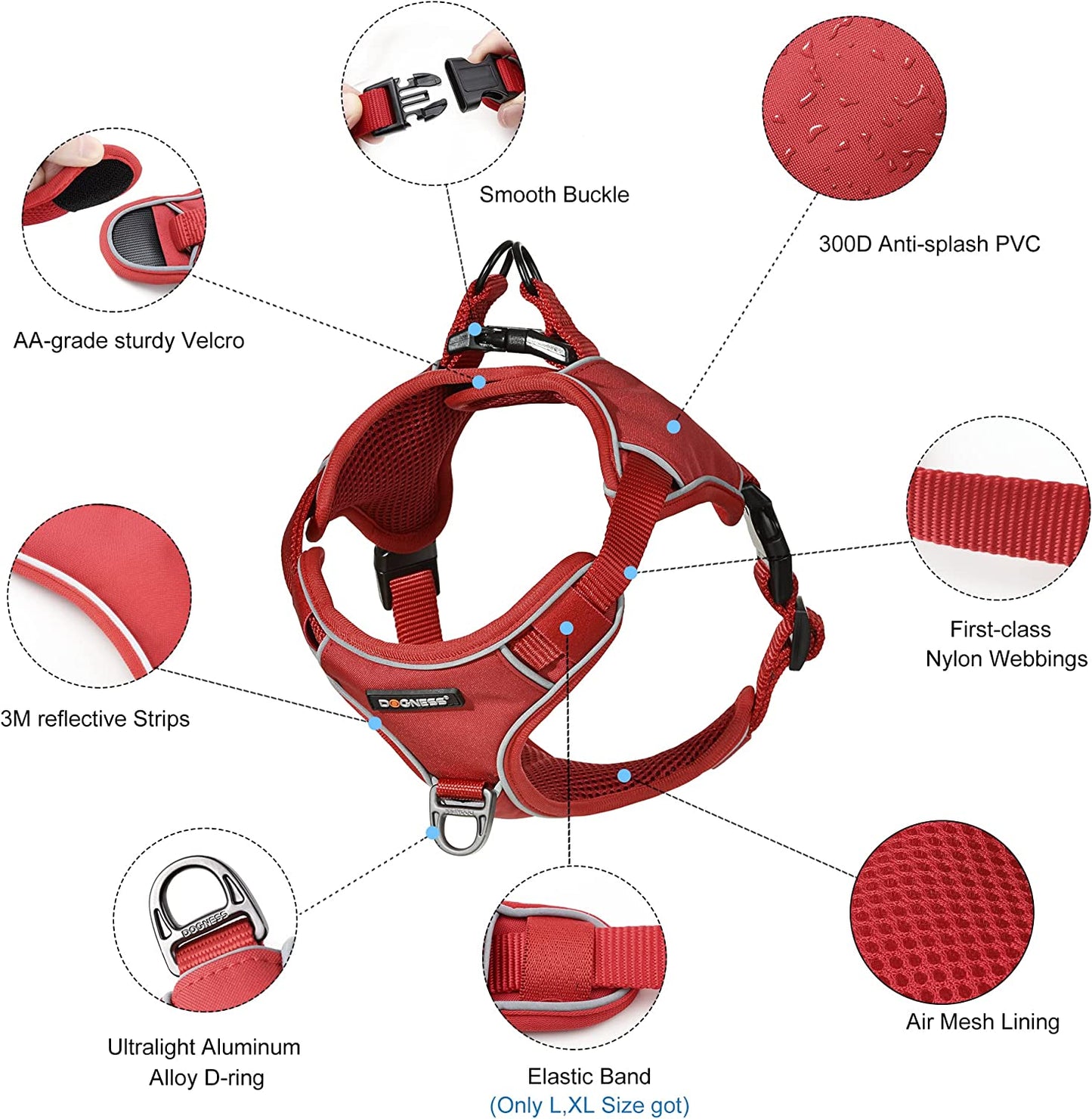 Reflective Dog Harness No Pull Waterproof Dog Vest Harness Adjustable Pet Vest Harness for Dogs Red L/XL