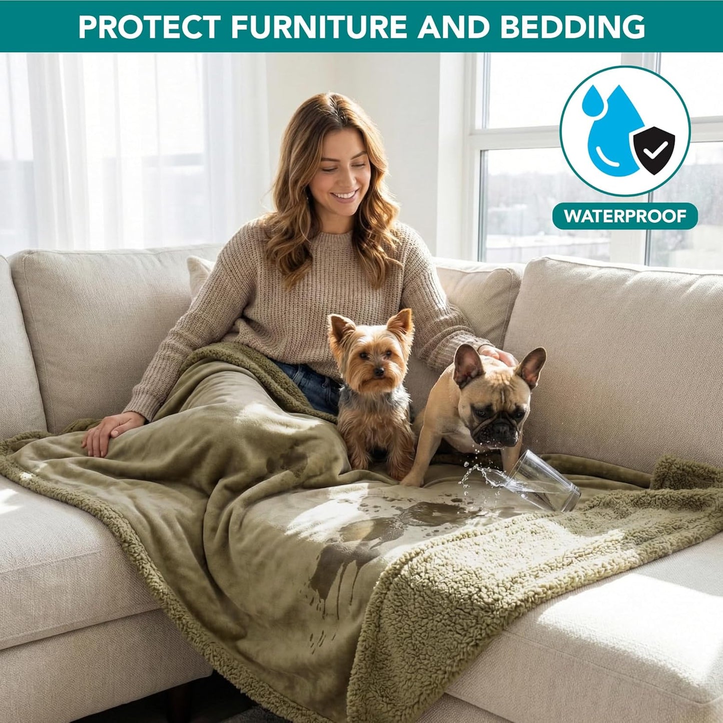 Waterproof Dog Blanket for Couch, Large 60X40, Pee Proof Sherpa Fleece Reversible Pet Throw, Furniture Protector for Bed Sofa Kennel, Soft Washable Cover for Medium Dogs Cats, Taupe Sherpa
