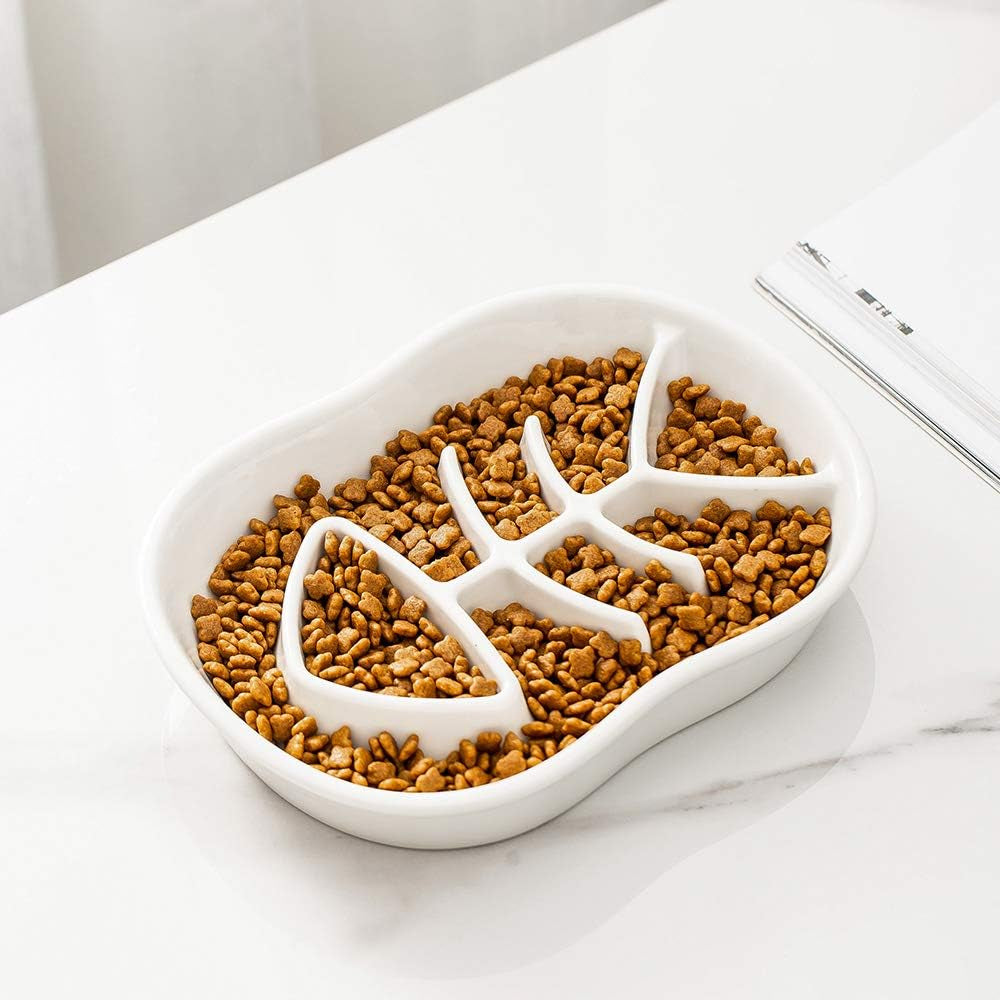 Slow Feeder Cat Bowl - Slow down Cat Food Dish for Healthy Eating - Fun Interactive Maze Design - Bloating Stop, anti Gulping, Improve Digestion - White